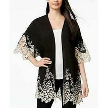 Cejon Lace Inlay Trim Kimono/Cover Up Black Ivory One Size - $26.00
