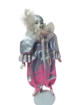 Mardi Gras Harlequin Porcelain Doll Jester Clown With Metal Stand 17&quot;T - £15.77 GBP