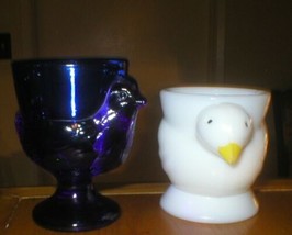 TWO Vintage France Opalex AND Arc Cobalt Blue Glass Chicken Egg Cup Holders - £14.06 GBP