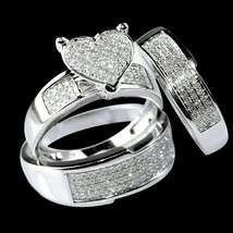 14k White Gold Plated 2.50 Ct Round Cut Simulated His &amp; Her Bridal Trio Ring Set - £129.38 GBP