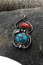 Vintage Navajo Handmade Sterling Silver Natural Turquoise Coral Pendant Necklace - £239.79 GBP