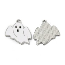 2 White Enamel Ghost Charms Silver Pendants Halloween Findings Jewelry Supplies - £2.63 GBP