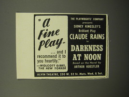 1951 Alvin Theatre Darkness at Noon Play Ad - A fine play.. and I recommend it  - £14.74 GBP