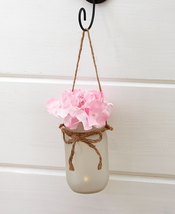 NEW Pink Hydrangea Mason Jar Wall Sconce w/ fairy lights frosted glass, metal - £5.44 GBP