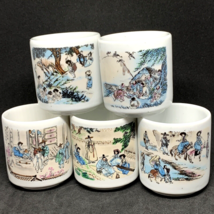 Korean Folklore Pictures Set of 5 Sake Tea Cups Shot Glasses Sechon Ceramic - $14.84