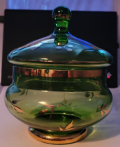Vintage Green and Gold Candy Dish with Lid Leaves Berries Holidays Decor... - $21.98