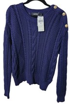 NEW Lauren Ralph Lauren Medium Navy Aran Knit Cotton Sweater Gold Crest ... - $74.95