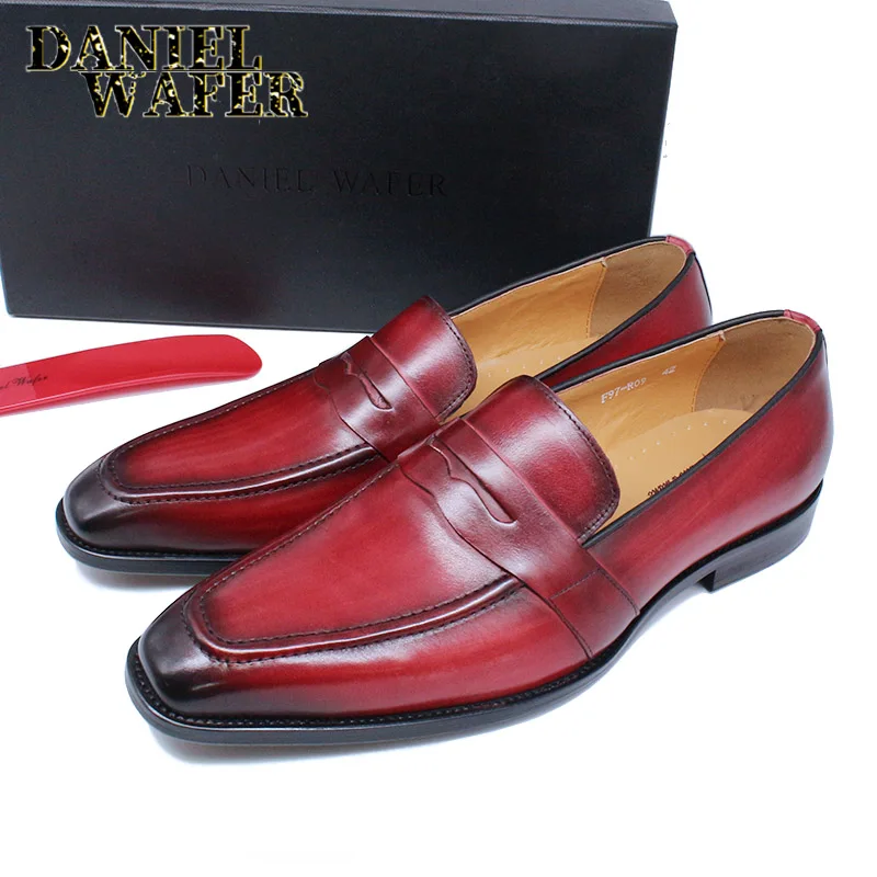 Luxury Men Penny Loafers Genuine Leather Slip On Red Black Casual Busine... - $137.09