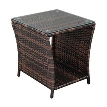 Patio Side Table Brown Wicker Gradient Rattan Tempered Glass Surface Iron Frame - £44.35 GBP