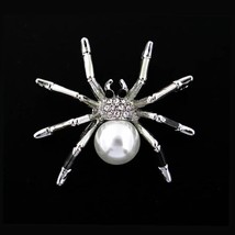 SPIDER BROOCH 1.75&quot; Pin White Faux Pearl Sparkling Crystal Rhinestone Ha... - $6.95