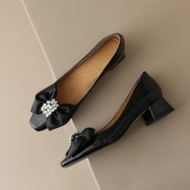 Cow Patent Leather Women&#39;s Pumps Sweet Bow Knot Rhinestone Thick Med Heel Shoes  - £90.69 GBP