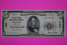 1929 $5 Five Dollars Bank of Hudson New York National Currency Authentic Bill 63 - $189.99