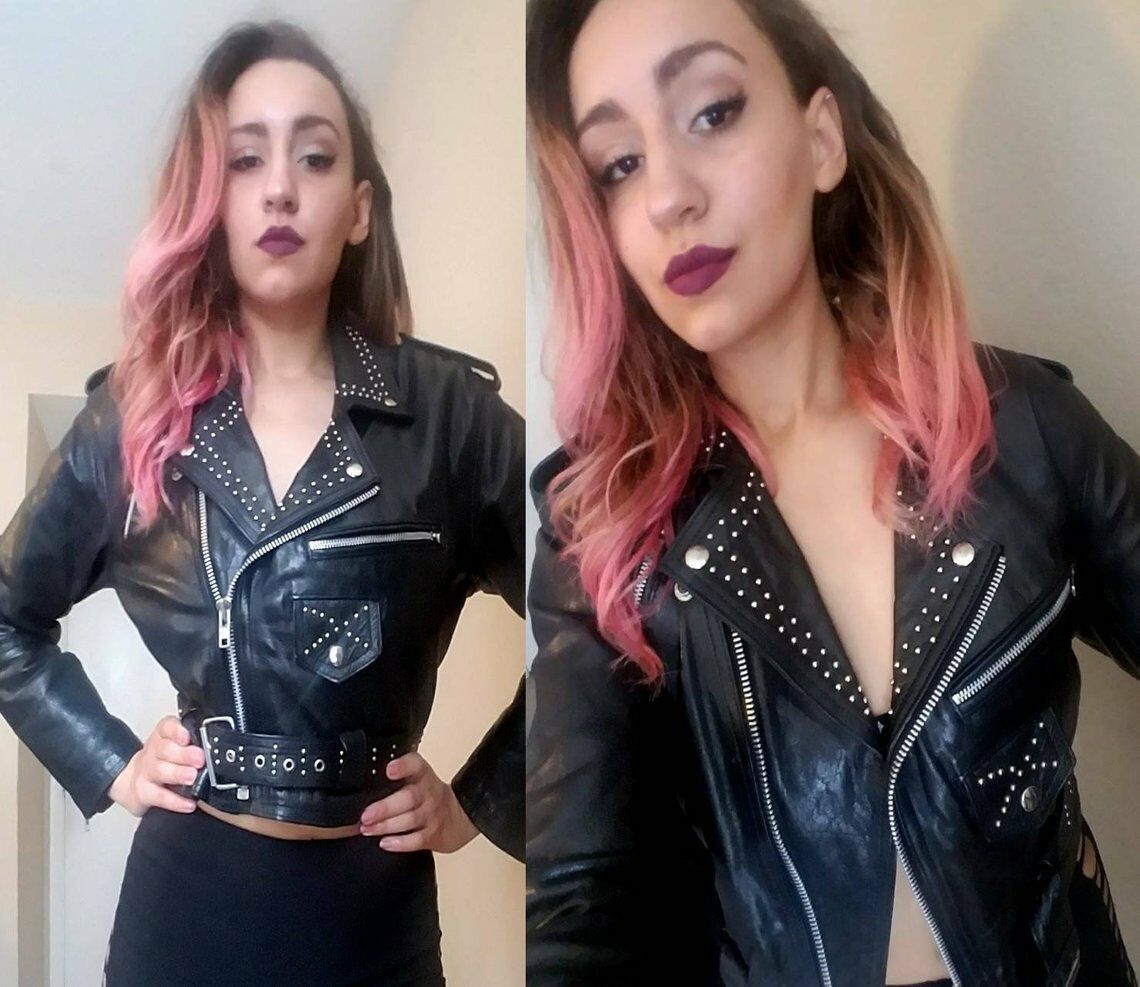 Women's Black Color Genuine Leather Silver Small Studded Belted Cropped Jacket