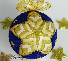 Gold star xmas Christmas tree quilted baubles handmade ornaments gift blue  - $28.50