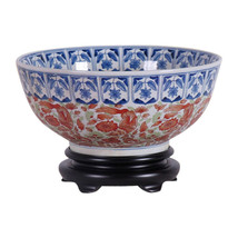 Blue and White Porcelain Floral Red Motif Chinese Bowl with Stand 14&quot; - £194.68 GBP