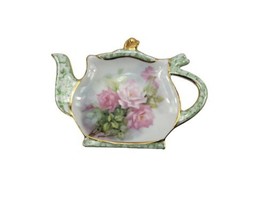 Vintage Ceramic Green Pink Floral Tea Bag Holder Plate Teapot Quilts - $7.92