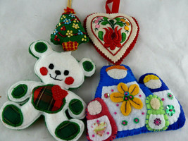 Vintage handmade felt ornaments Teddy Bear Holy Family Heart Tree 3.5&quot;  to 4.5&quot; - £9.37 GBP