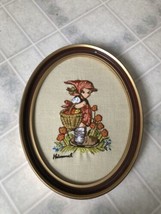 Vintage Finished Hummel Girl  Framed Oval Picture Needlepoint 10 X 13 in - $21.19