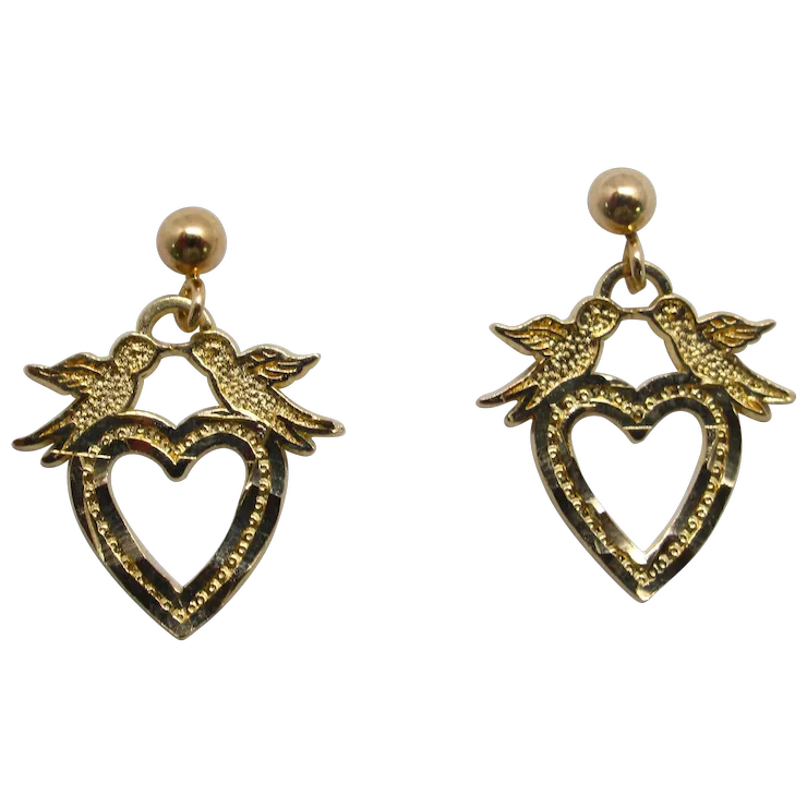 Love Bird Heart Dangle Earrings 14k Yellow Gold - $4,785.03 MXN