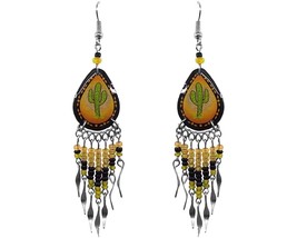 Saguaro Cactus Teardrop Shaped Ceramic Long Beaded Metal Dangle Earrings - Women - £7.77 GBP