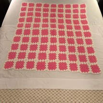 Granny Square Handmade Crochet Pink &amp; White Throw Blanket Lap Afghan 40”... - £27.32 GBP