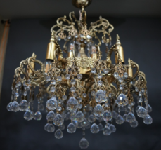 Antique Rare Brass Gilded 9-Light Crystal Chandelier – Ornate Rococo Style - $14,827.48 MXN