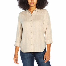 Orvis Womens Linen Blend Shirt Size Medium Color Taupe Stripe Tan - £27.25 GBP