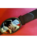 ELVIS PRESLEY MILITARY Epoxy PHOTO MUSIC BELT BUCKLE &amp; Brown Bonded Belt - £19.43 GBP