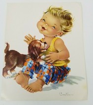 Spanish Constanza Laughing Toddler Licking Puppy Painting Print Vintage 1960s  - £15.14 GBP