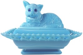 1970&#39;s Westmoreland Glass Antique Blue Cat On Lacy Base Pattern 8&quot;l Cove... - £127.49 GBP