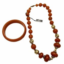 Red Orange Moonglow LUCITE Bead Necklace Bangle Bracelet Set Hong Kong Vintage - £11.34 GBP