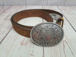 NWT Justin Trophy Western Tooled Brown Leather Belt Size 24 Silver Heart Buckle - £14.40 GBP