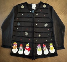 VTG Quacker Factory Sweater Christmas Black Snowmen Full Zip Embellished... - $18.41