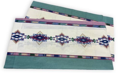 2 Vintage Cannon Southwestern King Pillow Cases Aztec Green Blue Pink Tan - $26.24