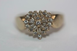 Fine 14K Yellow Gold Round/Baguette Diamond Heart Design Cluster Ring SZ 3.7Gr - £486.38 GBP