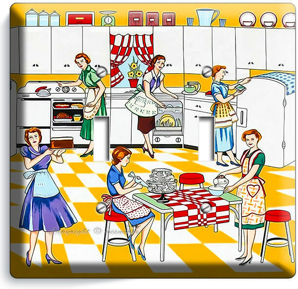 RETRO HOUSEWIVES 50'S KITCHEN PATTERN 2 GANG LIGHT SWITCH WALL PLATE HOME DECOR
