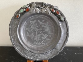 Antique Chinese Floral Bird Design Pewter Plate with Jade &amp; Carnelian Stones - £390.34 GBP
