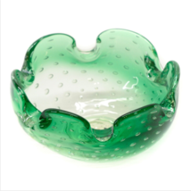 Vintage Green Art Glass Folded Scalloped Edge Ashtray Bowl Control Bubbl... - $21.75