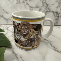 Applause Vintage 90s Wild Cats Print Coffee Mug White Yellow Lion Leopar... - $21.77