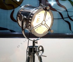 vintage Huge industrial DESIGNER Chrome Nautical Spot Light Tripod Floor Lamp - £206.56 GBP