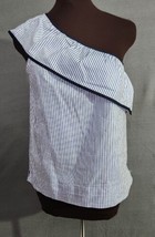 J.Crew Blue White Striped Asymmetrical Off The Shoulder Ruffled Blouse Size 6 - £11.91 GBP