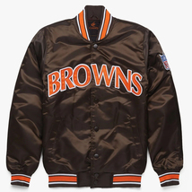 NFL Cleveland Browns Vintage Brown Satin Varsity Baseball Letterman Jacket - £83.81 GBP