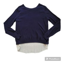 Molly Bracken Women XS S Blue White Long Sleeve Pleated Blouse Sweater Sheer - $7.42