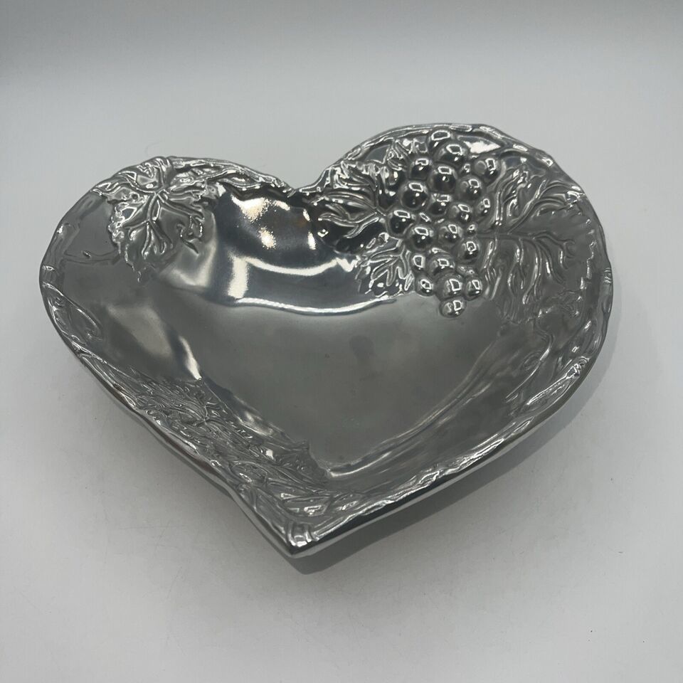ARTHUR COURT 2001 Heart Shaped 10" x 9" Metal Bowl With Grapevine Decorative - $21.00