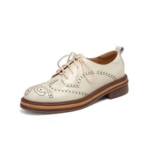 Women Oxford Shoes Round Toe Brogue Lace-Up Flats Genuine Leather Vintage Oxford - £109.16 GBP