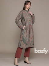 Women&#39;s Black Floral Overcoat Green Printed Wool Longline Collar Regular... - £347.45 GBP