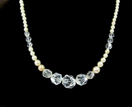 Tiny Faux Pearl &amp; Crystal Clear Glass Bead Necklace Vintage Graduated Beaded - £13.54 GBP