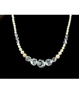 Tiny Faux PEARL &amp;  CRYSTAL Clear GLASS Bead NECKLACE Vintage Graduated B... - £13.42 GBP