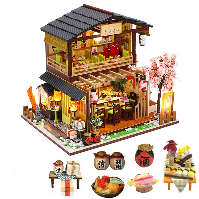 Play DIY Miniature Dollhouse Kit Vintage 3D Model Building Japanese Sushi Restau - £55.31 GBP