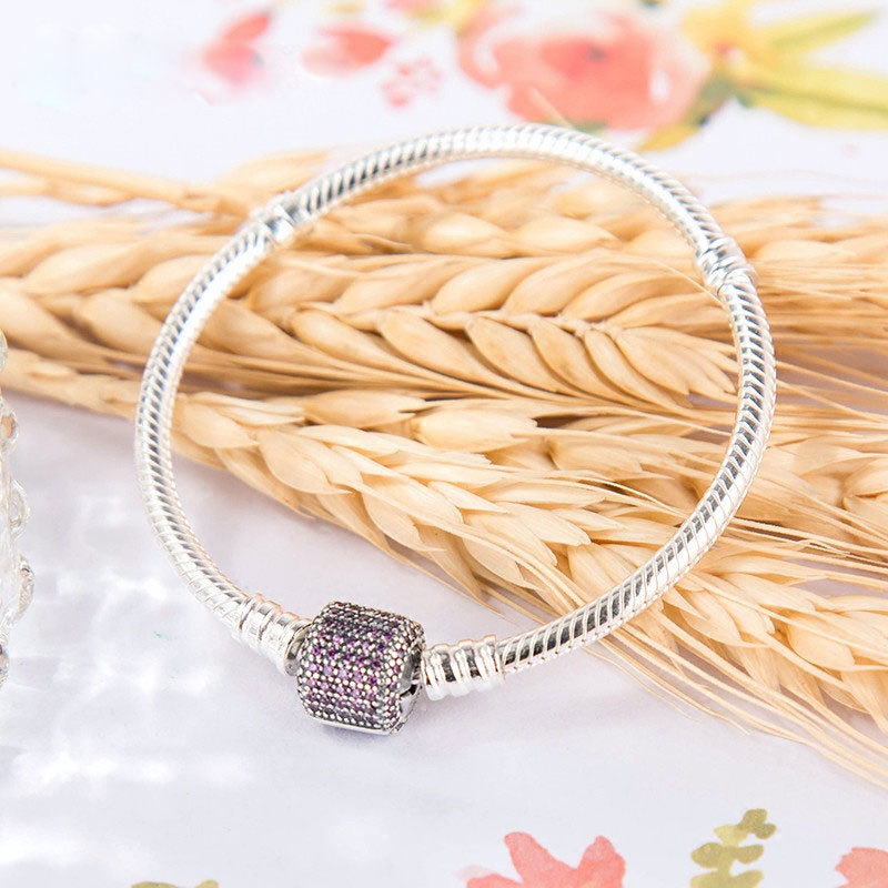 925 Sterling Silver Signature Clasp with Purple Crystal Snake Chain Bracelet